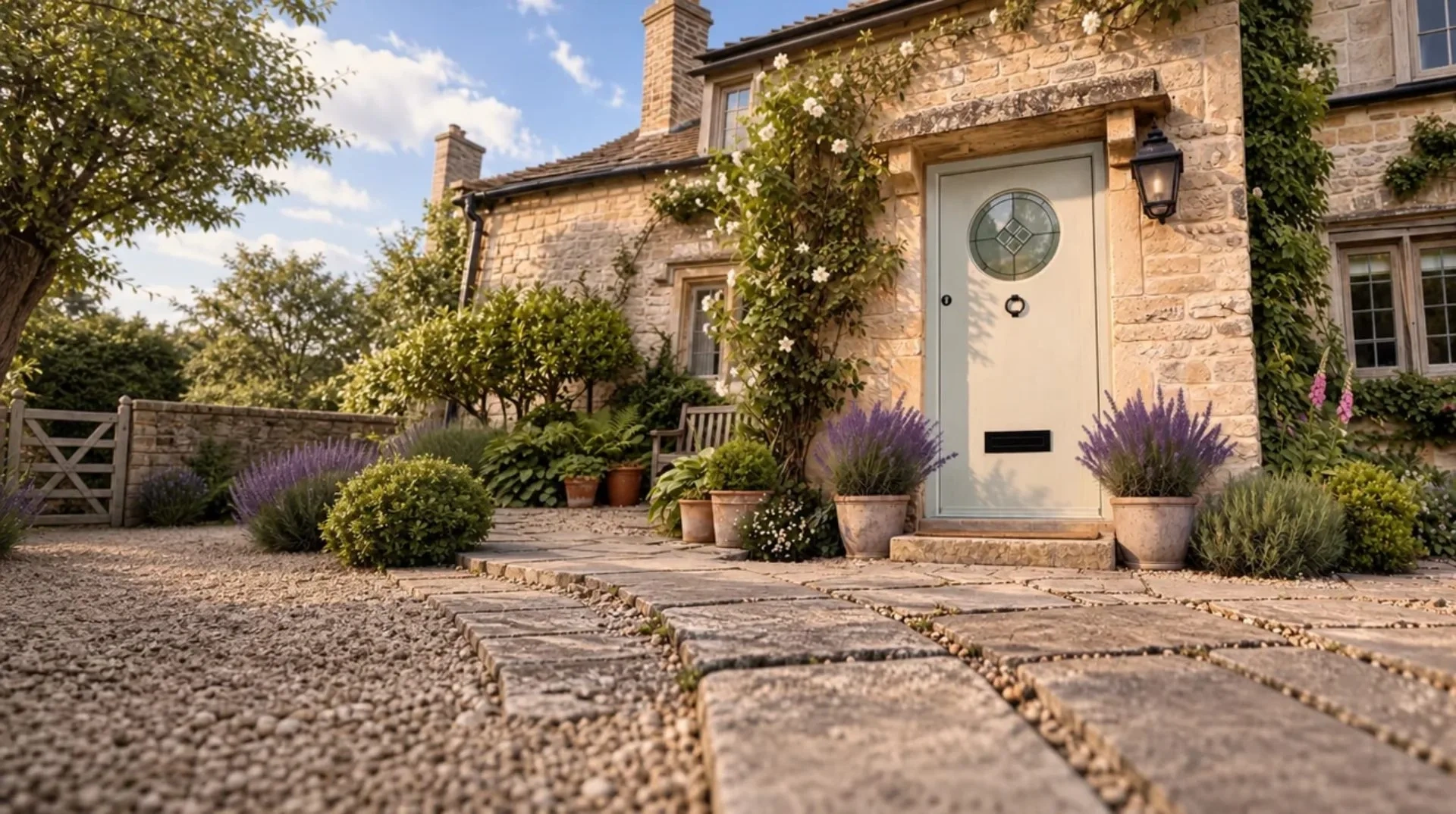 Clearwater composite door with round glazing in a stone cottage porch