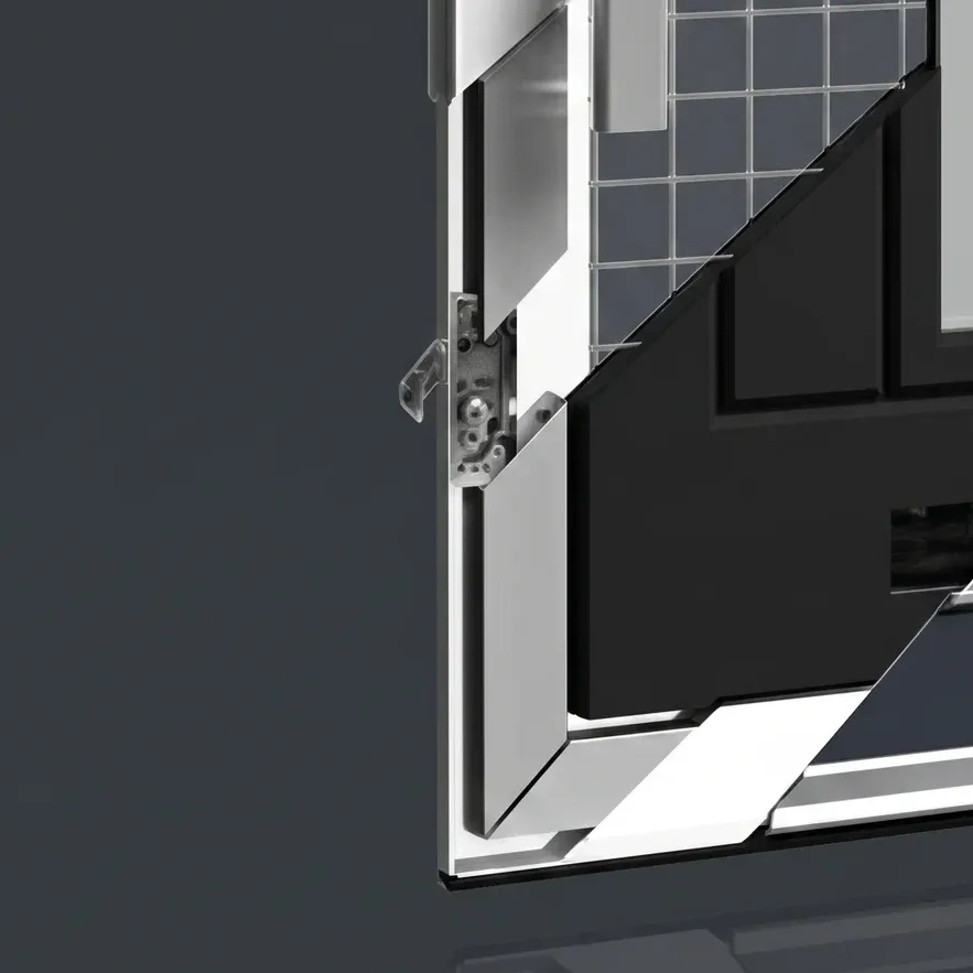 Cutaway of a Rockdoor showing the aluminium-reinforced inner frame and lock keep
